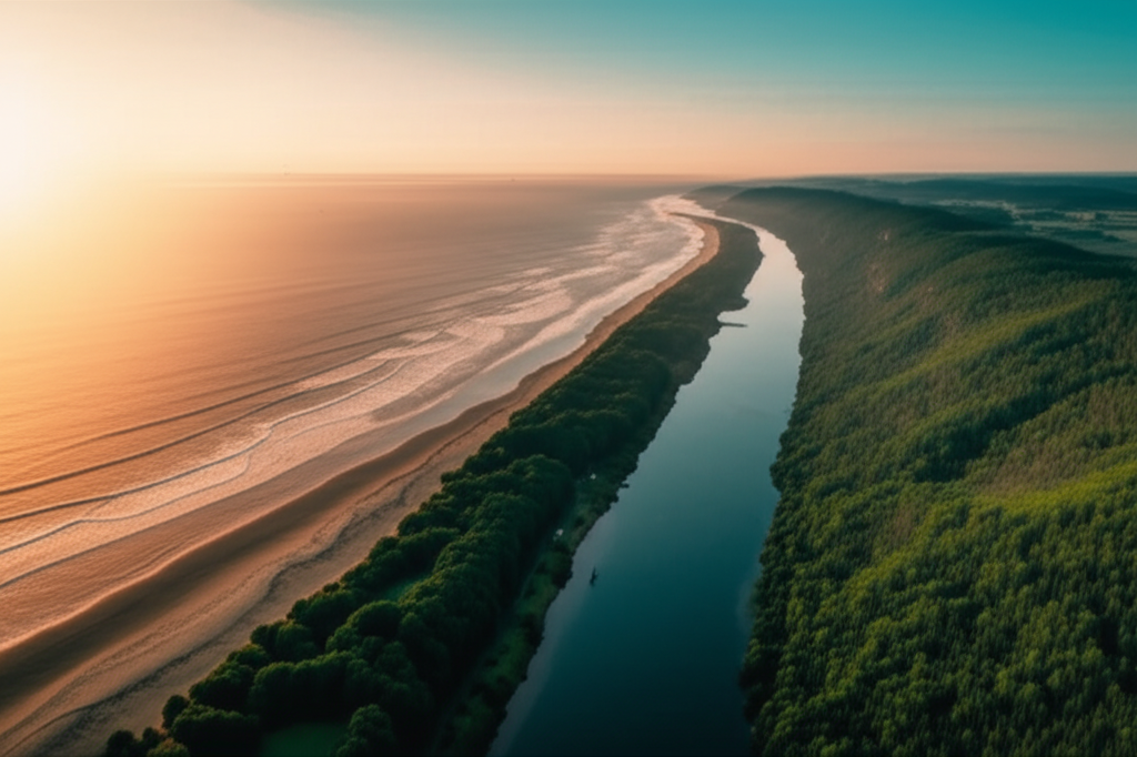 Aerial view of a river valley at golden hour